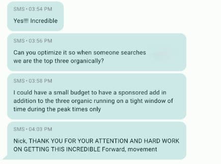 Client text message reacting to fast geo-grid ranking results