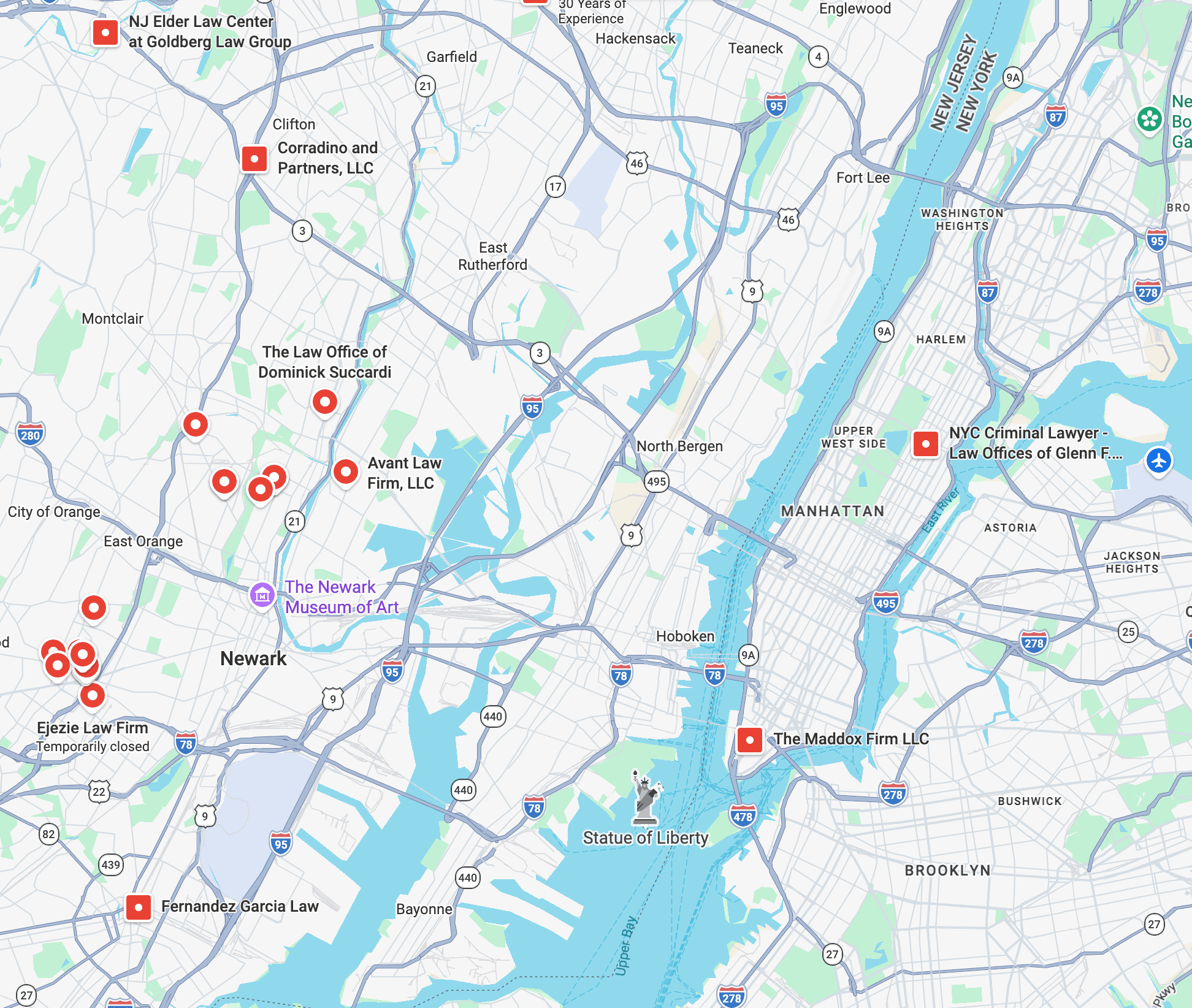 Example city map showing nearby law firms marked with location pins